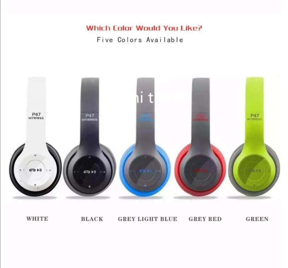 P47 Wireless Bluetooth Headphones - Deep Bass Foldable Gaming Headset (Black)