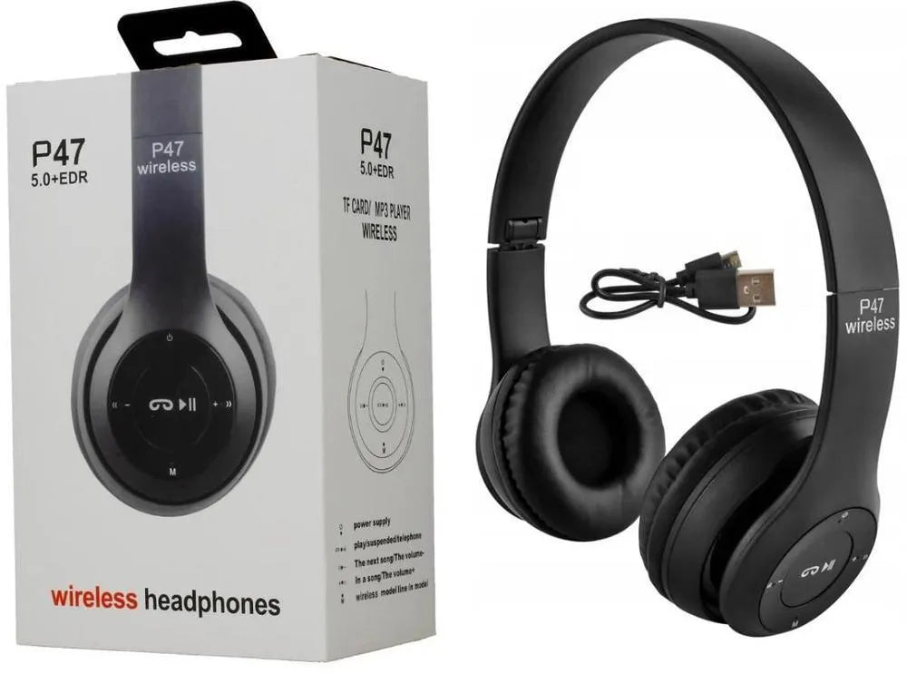 P47 Wireless Bluetooth Headphones - Deep Bass Foldable Gaming Headset (Black)