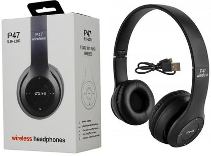 P47 Wireless Bluetooth Headphones - Deep Bass Foldable Gaming Headset (Black)